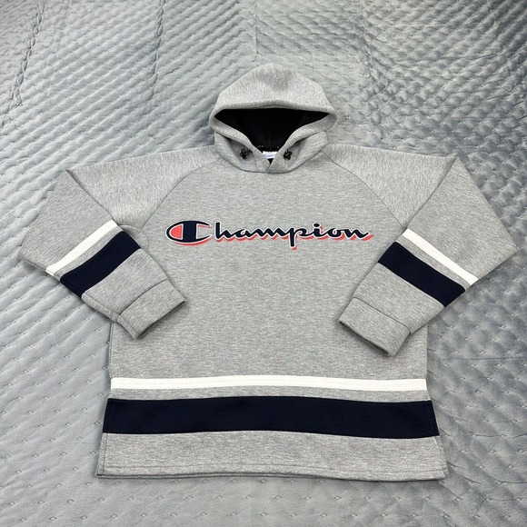 VINTAGE Champion Hoodie Mens Large Gray Spellout Pullover Embroidered Sweatshirt - Picture 1 of 15
